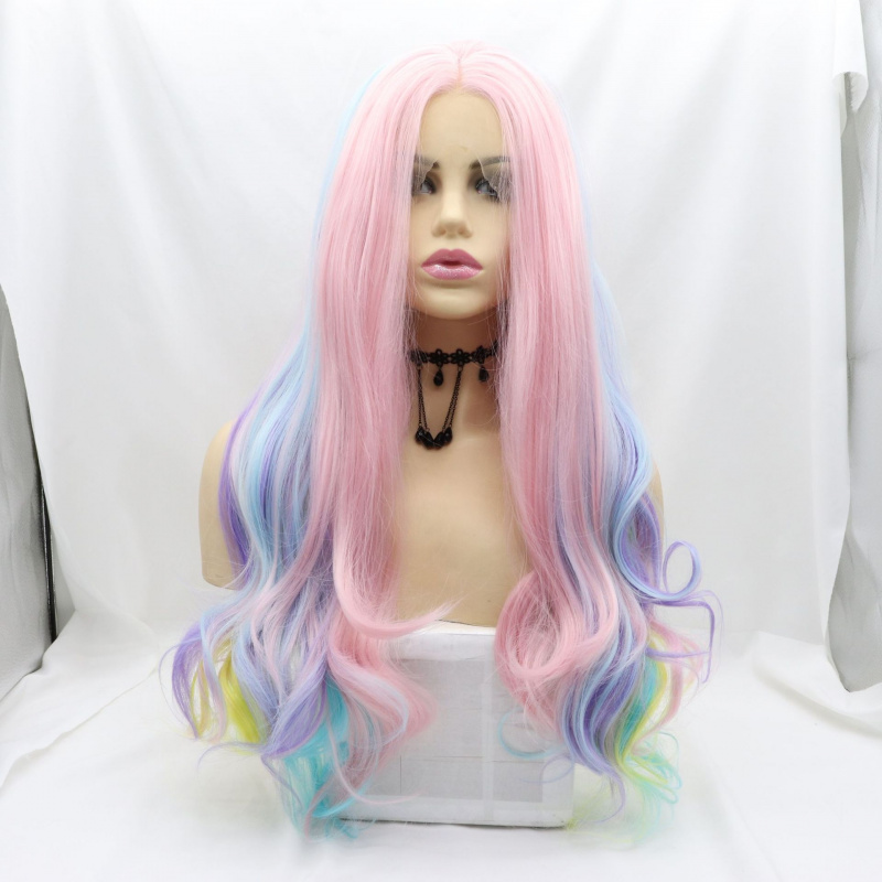 Wig Fiber Net - วิกผมสังเคราะห์สำหรับฮาโลวีนแบบถักด้วยมือ พร้อมลอนยาวหลากสีสันและหมวกตาข่ายสีชมพูที่สวมใส่สบาย