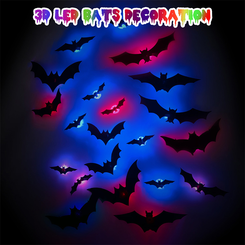 Cosplay Bat Prop - สติ๊กเกอร์ติดผนังรูปค้างคาว 3D สำหรับฮาโลวีน ไฟเรืองแสง กระพริบ ตกแต่งหน้าต่าง