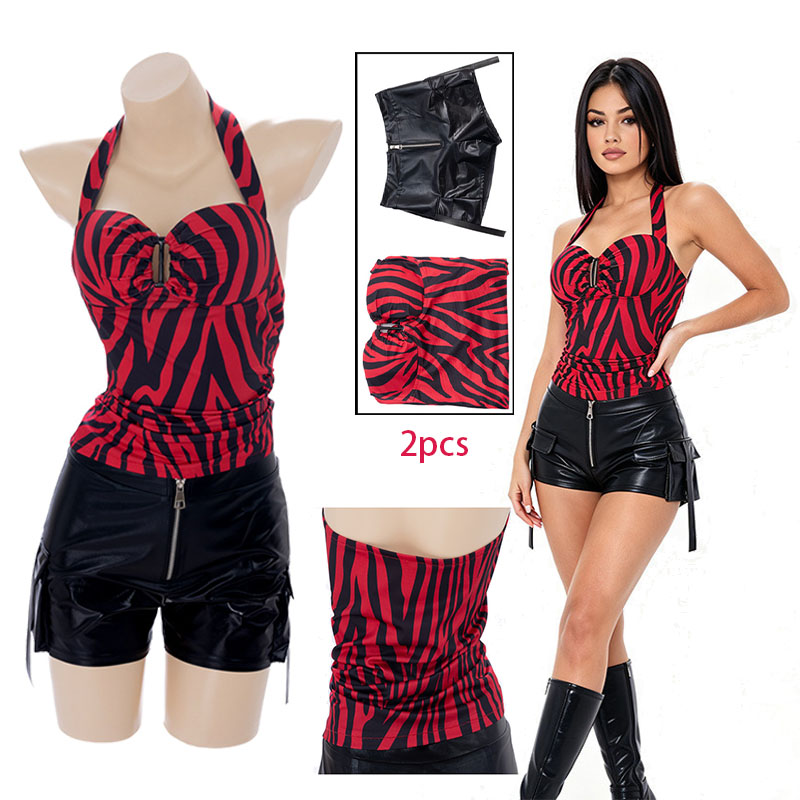 Cosplay Prop Patterns - WHH 2026 สไตล์ใหม่นิกกี้คอสเพลย์เครื่องแต่งกายสีแดงลายม้าลายเสื้อกั๊กทรงเข้ารูปแบบผูกหลังกางเกงขาสั้นหนังเอวต่ำเลดี้เซ็ต