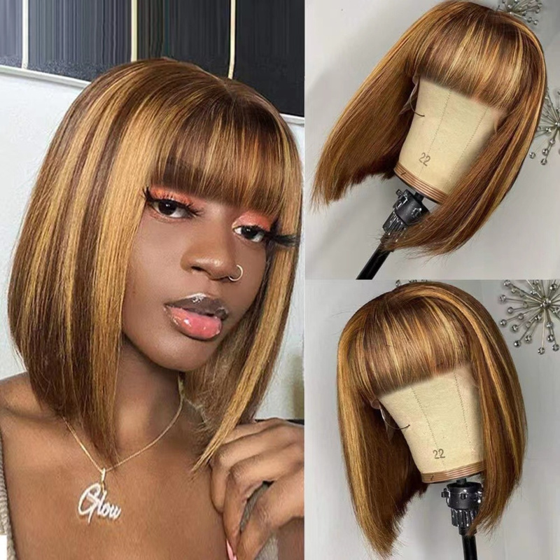 Wig Fiber Net - วิกผมสั้นสำหรับผู้หญิง ทรง BOBO สีน้ำตาล-ทองผสม เส้นใยสังเคราะห์ วิกผมแบบตาข่ายคลุมทั้งศีรษะ
