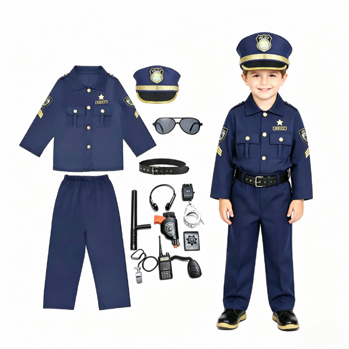 Cosplay Prop Kit - ชุดคอสเพลย์เจ้าหน้าที่ตำรวจสำหรับเด็ก ชุดยูนิฟอร์มครบเซ็ต ชุดแฟนซีสำหรับฮาโลวีน เหมาะสำหรับงานปาร์ตี้บนเวที อุปกรณ์ประกอบฉากถ่ายรูป และการแต่งกายแฟนซี