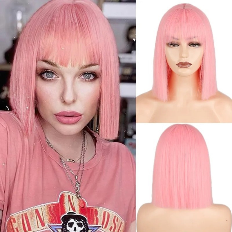 Wig Fiber Net - วิกผมตรงสำหรับผู้หญิง มีหน้าม้าแบบโปร่ง สไตล์บ๊อบโบ้ ตาข่ายปิดเต็มศีรษะ ผมสั้นดูสมจริง