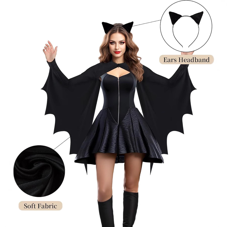Cosplay Bat Prop - ชุดคอสเพลย์ฮาโลวีนสำหรับผู้ใหญ่แบบยูนิเซ็กส์ ชุดแวมไพร์ ปีศาจ แม่มดชั่วร้าย สไตล์กอธิค พร้อมผ้าคลุมปีกค้างคาวและหู